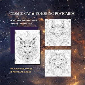 Páginas para colorir digitais - 57 mandalas de gatos cósmicos - Páginas para impressão A4 e cartões postais 4x6 de gatinhos misteriosos com detalhes celestiais
