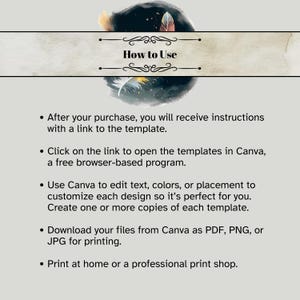 Instructions for how to use the downloadable and editable witches' poison garden Halloween party invitation.

Use Canva to exit text, colors, placement.  Download your final design.  Print at home or professional print shop.