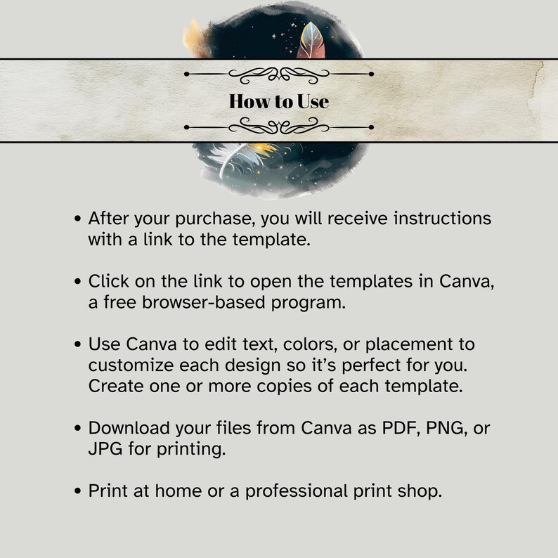 Instructions for how to use the downloadable and editable witches' poison garden Halloween party invitation.

Use Canva to exit text, colors, placement.  Download your final design.  Print at home or professional print shop.