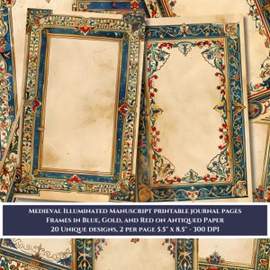 Kit di cornici per diario stampabile - 20 immagini a mezza pagina per scrapbooking, diari spazzatura e lavori artigianali in carta - Fiori blu e rossi illuminati