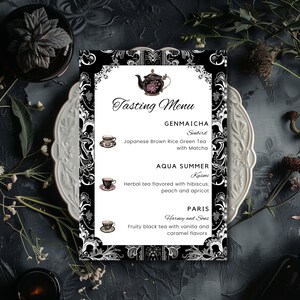 Nachmittagstee Bearbeitbares Menü - Gothic Verkostungsmenü für High Tea Party mit druckbarer Sommelier Aroma Referenz für Verkostungsnotizen - Schwarze Spitze
