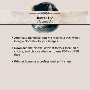 Instructions for how to use the printable junk journal, stationery, or scrapbook pages.

Receive PDF, click link to Google Docs, Download and Unzip.  Print at home or professional print shop.