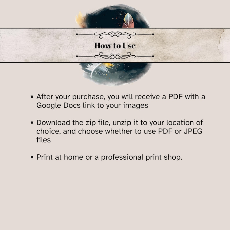 Instructions for how to use the printable junk journal, stationery, or scrapbook pages.

Receive PDF, click link to Google Docs, Download and Unzip.  Print at home or professional print shop.