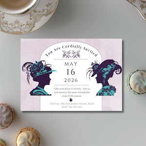 Elegant Regency Party Invite with Fancy Hat Silhouettes in Purple and Teal - For Birthdays, Afternoon Teas, or Book Club Soirees - Editable