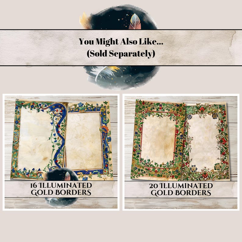 Image of two different products that are sold separately from this product.  Both are also medieval style junk journal printable kits.  

The first set is 16 pages in gold, blue, and orange.  The second set is 20 pages in gold, green, and purple and features berries.