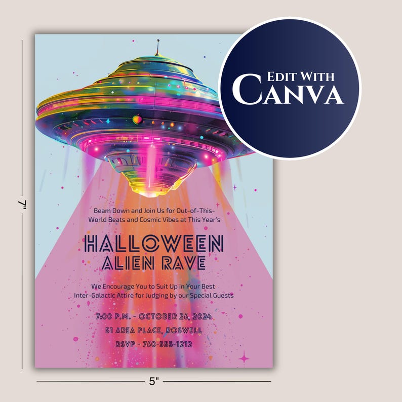 Alien Rave Design Editable Halloween Alien Rave Party Invitation - Retro-futurism UFO ...