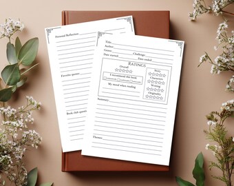Reading Journal Pages: Printable Book Review Template with Minimalistic Black and White Style A5, A4 or US Letter PDF for Detailed Reviews