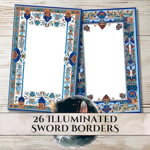 May include: Two open pages with ornate blue, orange, and white borders. The borders feature floral and geometric designs. The text "26 Illuminated Sword Borders" is displayed at the bottom. The pages are on a light wood surface.
