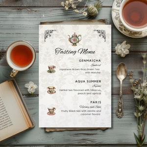 Nachmittagstee bearbeitbares Menü - Verkostungsmenü für die High Tea Party mit druckbarer Sommelier-Aroma-Referenz für Verkostungsnotizen, weißer Jacquard