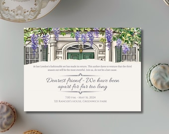 Editable Regency Watch Party Invitation - Wisteria framing a Georgian facade - Great for themed get togethers