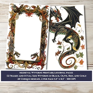 Printable Journal Kit - 20 Half Page Images for Scrapbooking, Junk Journals, Paper Crafts - Medieval Wyvern Frames and Illuminated Dragons