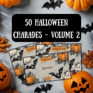 Utskrivbara Halloween-charader - Vintage-festspel eller isbrytaraktivitet med sagoboksgrafik av pumpor och fladdermus - kusliga scener