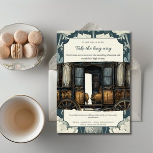 Bewerkbare Victoriaanse Tea Party-uitnodiging - Barouche-koets met groenblauw en crème damast achtergrond - ideaal voor meisjesnachten, verjaardag