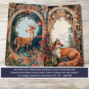 Cadres de kit de journal imprimables - 24 images d'une demi-page pour le scrapbooking, les journaux indésirables, les travaux manuels en papier - cerfs et renard Art nouveau dans la forêt magique