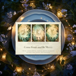 May include: A whimsical invitation card with a forest scene and fairies. The card features the text "I know a bank where the wild thyme blows, where oxlips and the nodding violet grows. Come Feast and Be Merry. 7:00 PM. Dinner, 8:00 PM. Dancing around the bonfire. 123 Forest Drive, Athens - RSVP 760-555-1212"