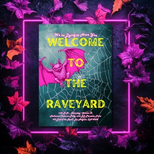 Halloween Rave Party Einladung bearbeitbare Vorlage - Spinnennetz und Neon Pink Vampir-Fledermaus mit Friedhof Gelb Glow für DJ Dance Party