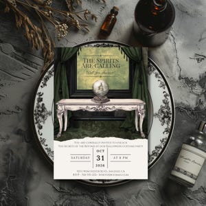 Invitación a fiesta de Halloween victoriana - Plantilla de Canva con temática de sesión espiritista gótica