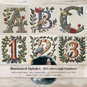 Verlichte alfabet-clipart - getextureerde JPG - 36 letters en cijfers - middeleeuws eiken, rode bloemen, vogels en bessen voor scrapbooking