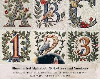Illuminated Alphabet Clipart - Textured JPG - 36 Letters and Numbers - Medieval Oak, Red Flowers, Birds, and Berries for Scrapbooking