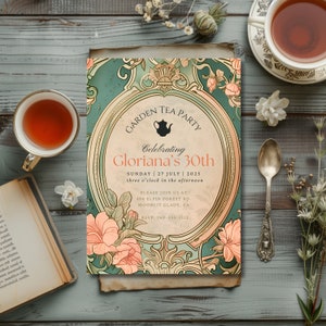 May include: A vintage-style invitation for a garden tea party, featuring floral and ornamental designs in shades of green, peach, and cream. The invitation includes the text "Garden Tea Party Celebrating Gloriana's 30th" and other event details. Tea cups and a book are also visible.