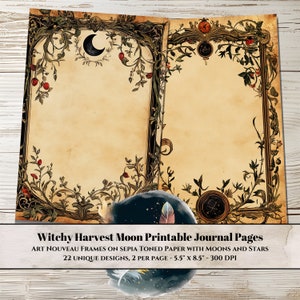 Puede incluir: Dos páginas de diario imprimibles con una estética vintage. Cada página presenta un marco decorativo con una luna creciente, estrellas y elementos florales. Las páginas están diseñadas para usar con papel en tono sepia. "Witchy Harvest Moon Printable Journal Pages" y "Art Nouveau Frames on Sepia Toned Paper with Moons and Stars" están escritos en la imagen. "22 Unique Designs, 2 Per Page - 5.5" x 8.5" - 300 DPI" también está escrito en la imagen.