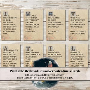 Cartes de Saint-Valentin médiévales humoristiques pour collègues - Mini manuscrits enluminés imprimables pour rendre hommage à vos collègues avec l'ambiance Castlecore