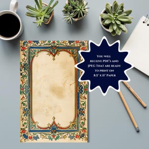 Mock up of printable journal pages, medieval illuminated and art nouveau borders in blue, red, and gold, florals,  vines, greenery.

One page from a set of twenty are shown here.

The images in this set are 5.5" x 8.5" half-page size, 300 DPI that are available in JPG or PDF format.

Displayed on a light blue desk with a coffee cup, succulents, a journal, and pencils.