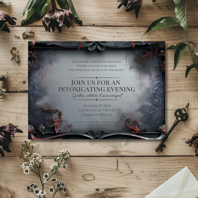 Mock up of an editable gothic dinner party or book club invitation.

Invitation features a black rococo frame with toxic plants growing through it and a background of shadowy leaves.

Displayed with belladonna flowers and an antique key.