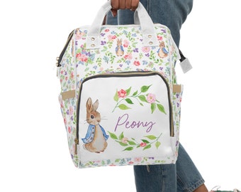 Mochila de pañales multifuncional personalizada Peter Rabbit Bloom, bolsa de pañales para bebé, bolsa con nombre personalizado