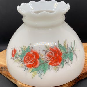 Vtg 8&quot; by 6&quot; Floral Spray Hurricane Milk Glass Student Lamp Shade Red Roses