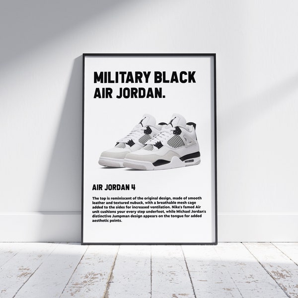 hypebeast Jordan 4 nike shoes, digital prints of hypebeast decor, sneaker prints of nike wall art, Air Jordan 4 Military Black gift for men