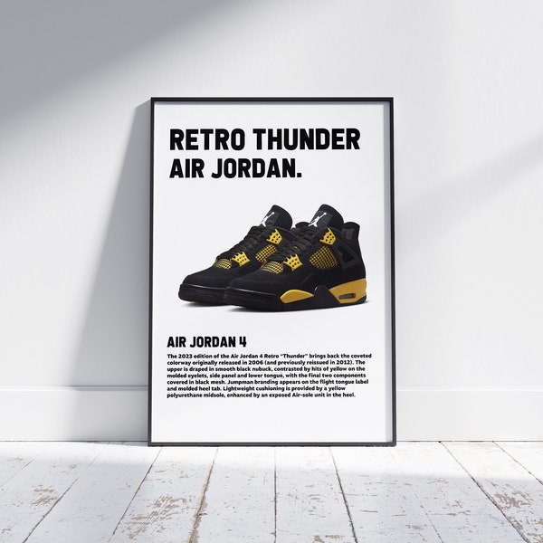 hypebeast Jordan 4 nike shoes, digital prints of hypebeast decor, sneaker prints of nike wall art, Air Jordan 4 Retro Thunder gift for men