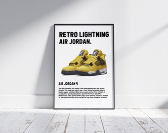 hypebeast Jordan 4 nike shoes, digital prints of hypebeast decor, sneaker prints of nike wall art, Air Jordan 4 Retro Lightning gift for men