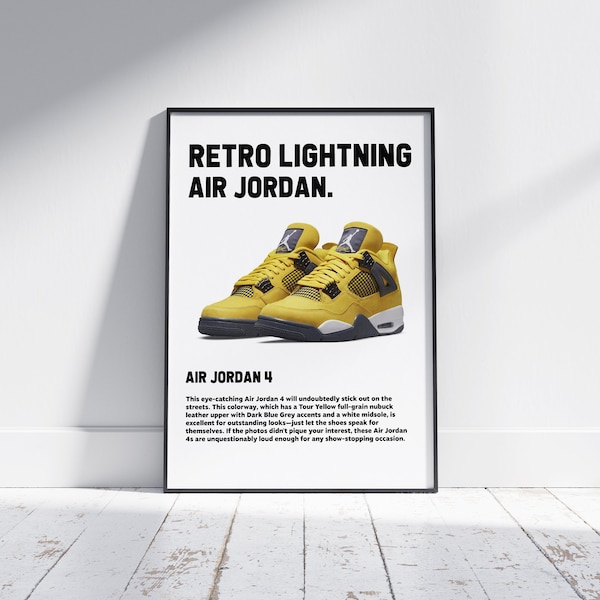 hypebeast Jordan 4 nike shoes, digital prints of hypebeast decor, sneaker prints of nike wall art, Air Jordan 4 Retro Lightning gift for men