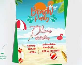 Beach Birthday Party Invitation, Editable Beach Invitation, Ocean Birthday Invitation Template, Surfer Invitation, Digital Canva Template.