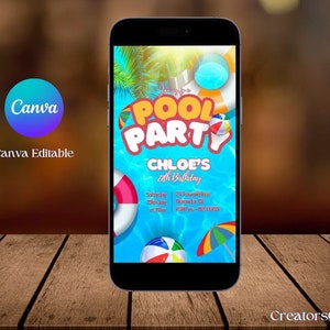 Pool Party Animated Birthday evite, Beach Theme Tropical Summer Invite For Teens, Pool Party Invite, Summer Party evite, pool Party Invite.