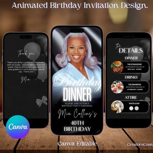 Digital birthday invitation, Animated glam Birthday dinner video invitation, Text invitation dinner party, birthday itinerary evite template
