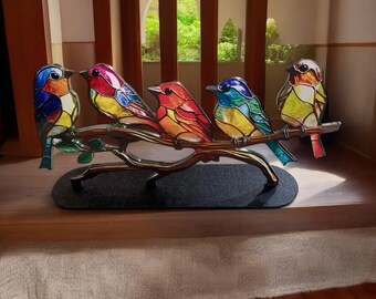 Multicolor Stained Glass Birds On A Bench | Martinez Stained Glass Birds | Stained Acrylic Hummingbird Art | Multicolour Stained Glass Decor