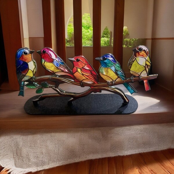 Multicolor Stained Glass Birds On A Bench | Martinez Stained Glass Birds | Stained Acrylic Hummingbird Art | Multicolour Stained Glass Decor