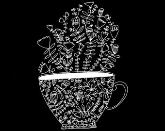 Floral Cup Coffee Tea Fine Art Print Contemporary Flowers Plants Lovers Patterns Line Drawing BW Black and White Wall Decor