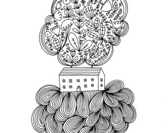 Country Estate Fine Art Print Contemporary BW House Home Floral Cloud Doodle Line Drawing Whimsical