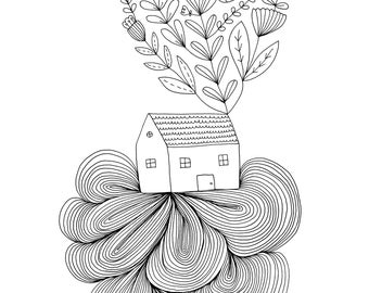 House on a Cloud Fine Art Print Contemporary Line Drawing BW Black and White Whimsical Nursery Wall Decor Floral