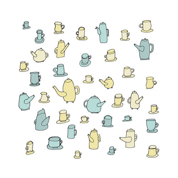 Items similar to Teapots and Saucers 5x5 Quirky Illustration Print on Etsy