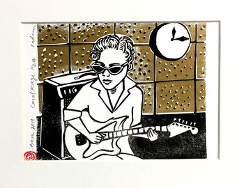 Carol Kaye linocut letterpress print matted