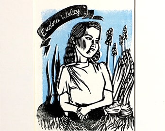 Eudora Welty linocut letterpress print matted