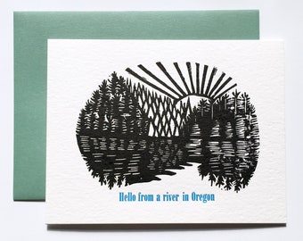 Oregon river Pacific Northwest letterpress linocut card