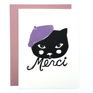 Merci Chat Cat with Beret letterpress linocut thank you card