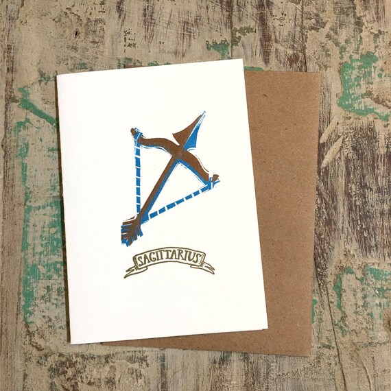 Sagittarius the Archer zodiac letterpress linocut card
