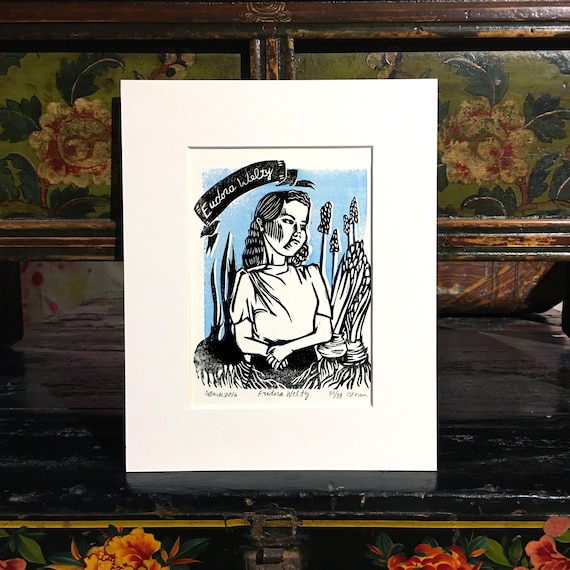 Eudora Welty linocut letterpress print matted