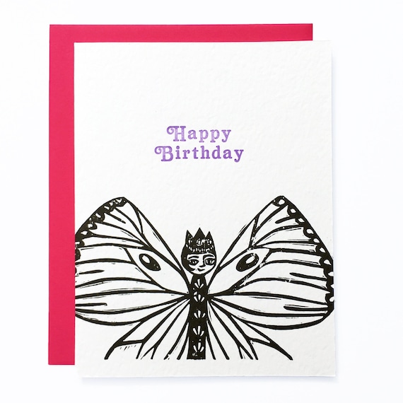 Birthday Butterfly letterpress linocut greeting card